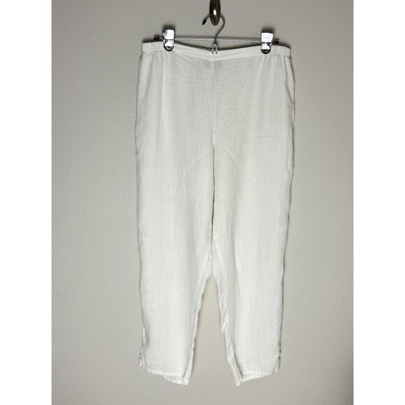 Flax Women Pants Sz M White High Rise Linen Wide Leg Crop Lagenlook Pull On - Picture 1 of 11